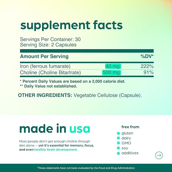 Choline 500mg Prenatal Supplement with Iron 40mg – Prenatal Vitamins for Women – Pregnancy Brain, Memory & Cognitive Support – Ferrous Fumarate, Vegan – 30 Servings