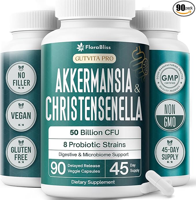 FloraBliss Christensenella Minuta and Akkermansia, Bifidobacterium longum, 8 Probiotic Strains, 50 Billion CFU, 90 Delayed-Release Capsules, with Cranberry Extract