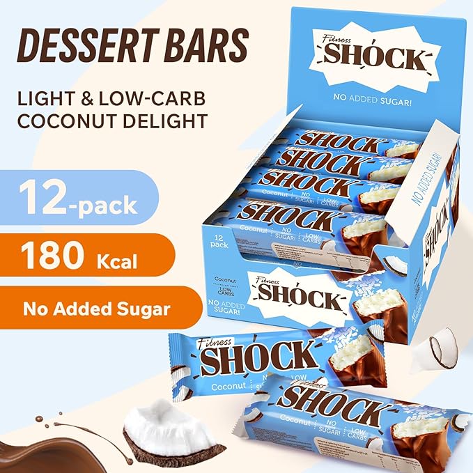 Fitness SHOCK Coconut Chocolate Bars - No Added Sugar, Low Calorie Guilt-Free Low Carb Snack - 0g Added Sugar, Only 180 Kcal, 13g Net Carbs, 7mg Sodium - 12 x 50g