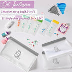 Protein Powder Travel Container set with Funnels 12 Pcs Reusable Powder Supplement Packets Single Dose Kit Portable Travel Containers Zip up Bags for Workout, Fitness, Business Trip