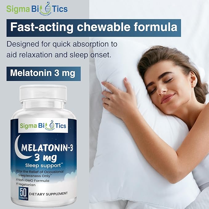 Sigma Biotics Melatonin 3mg Chewable Tablets - Sleep Supplement for Optimum Rest & Sleep-Wake Cycle - Non-GMO Melatonin Pills - Ideal for Occasional Sleeplessness - 3mg Dose, 50 Tablets