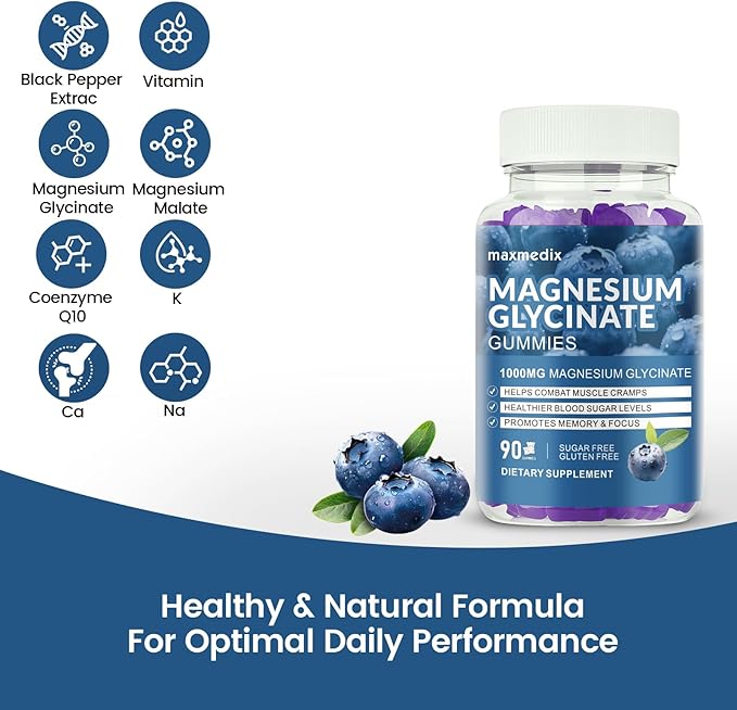 Magnesium Glycinate Gummies 1000mg, Sugar Free Magnesium Potassium Supplements Chewable for Adults with L-Threonate for Sleep, Body Support and Relaxation,90 Blueberry Gummies