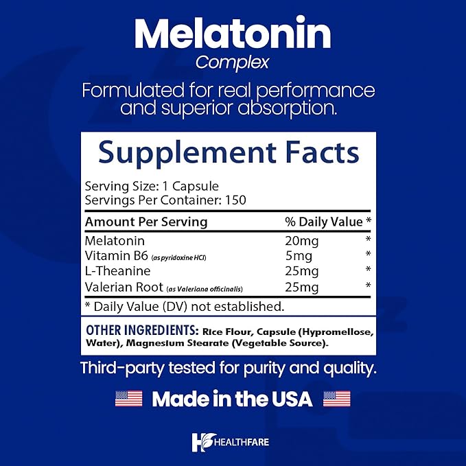 Healthfare Melatonin 20mg | 150 Veg Capsules | Complex with L-Theanine | Valerian Root & Vitamin B6 | Vegetarian Formula | Non-GMO | Gluten-Free | Made in The USA