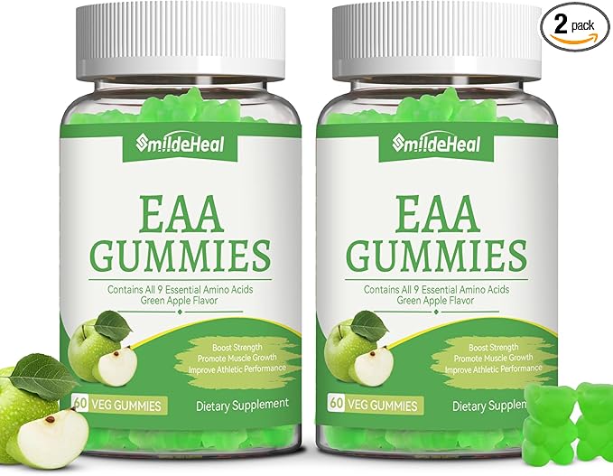 SmideHeal EAA Gummies, 5750 mg Essential Amino Acids - All 9 Essential Aminos (EAA) and All Branched-Chain Aminos (BCAAs), Non-GMO, Gluten Free, Vegetarian Friendly, Apple Flavor, 120 Gummies