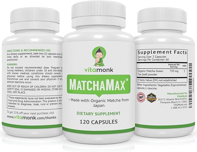 MATCHAMAX™ Organic Japanese Matcha Capsules - Pure Organic Matcha Green Tea Pills for Smooth Zen-Like Energy and Natural Mood Boost - Vegan Matcha Supplement Packed with Antioxidants - 120ct