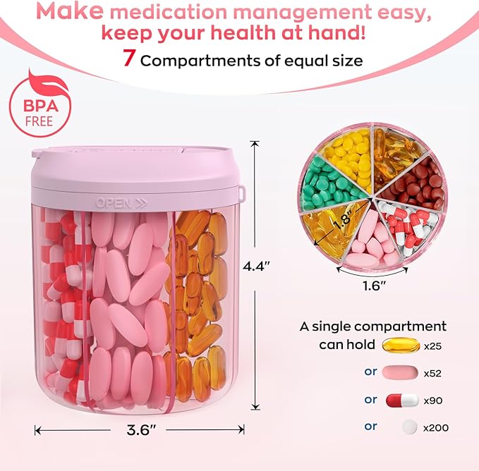 Hionxmga Pill Dispenser with 7 Large Compartments, Pill Bottle Organizer for Travel, Supplement Organizer with Anti-Mixing Design, Pink