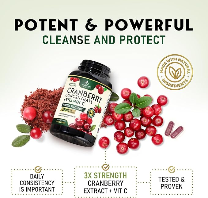 Cranberry Supplement Pills - 500mg Cranberry Extract & High Potency Vitamin C Per Serving - Urinary Tract Health Support for Women & Men - Vegan, Gluten Free, Non-GMO, Made in USA - 60 Capsules