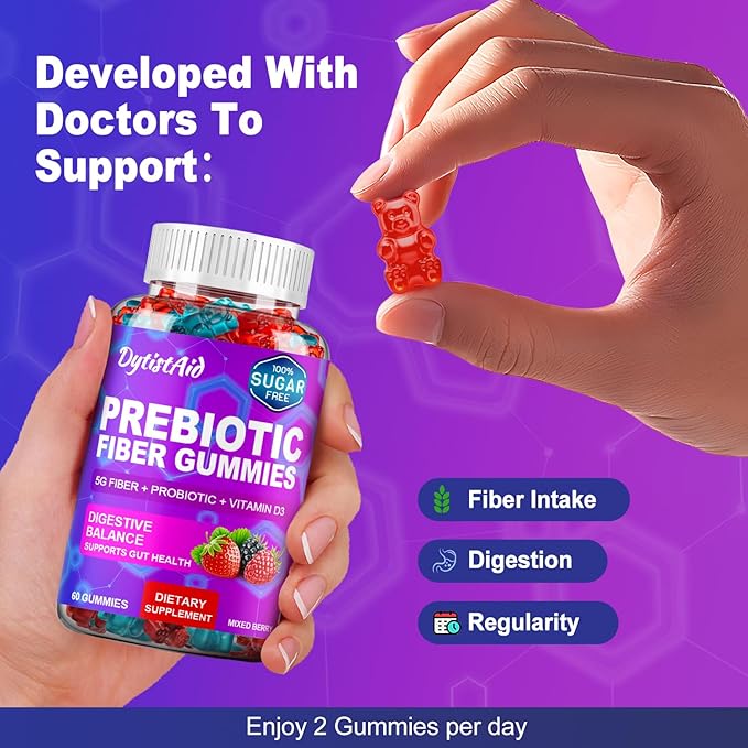 Prebiotic Fiber Gummies, 5g Fiber per Serving, 2 Billion CFU Bacillus Coagulans + Vitamin D3, Sugar Free Pectin Mixed Berry Gummies, Inulin (FOS) + Acacia + Apple Pectin, 60 Gummies (30 Servings)