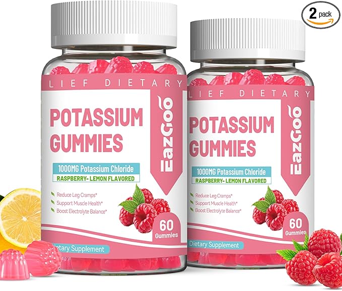 2 Pack Potassium Gummies, Potassium Chloride 1000mg for Adults, Chewable Potassium Supplement for Women & Men, Support Leg Cramps & Muscle Health - Sugar-Free, Vegan,120 Count