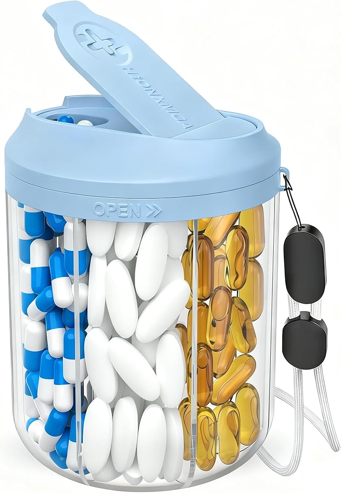 Hionxmga Pill Dispenser with 7 Large Compartments, 4.4" H x 3.6" Dia Pill Bottle Organizer for Travel, Supplement Organizer with Anti-Mixing Design, BPA-Free Pill Container with 20 Pcs Labels, Blue