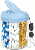 Hionxmga Pill Dispenser with 7 Large Compartments, 4.4" H x 3.6" Dia Pill Bottle Organizer for Travel, Supplement Organizer with Anti-Mixing Design, BPA-Free Pill Container with 20 Pcs Labels, Blue