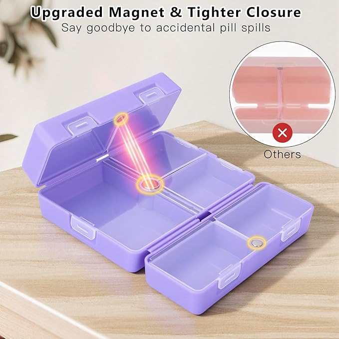 FYY Daily Pill Organizer, 7 Compartments Portable Travel Pill Case, [Folding Design] for Purse Pocket to Hold Vitamins,Cod Liver Oil,Supplements and Medication-Purple