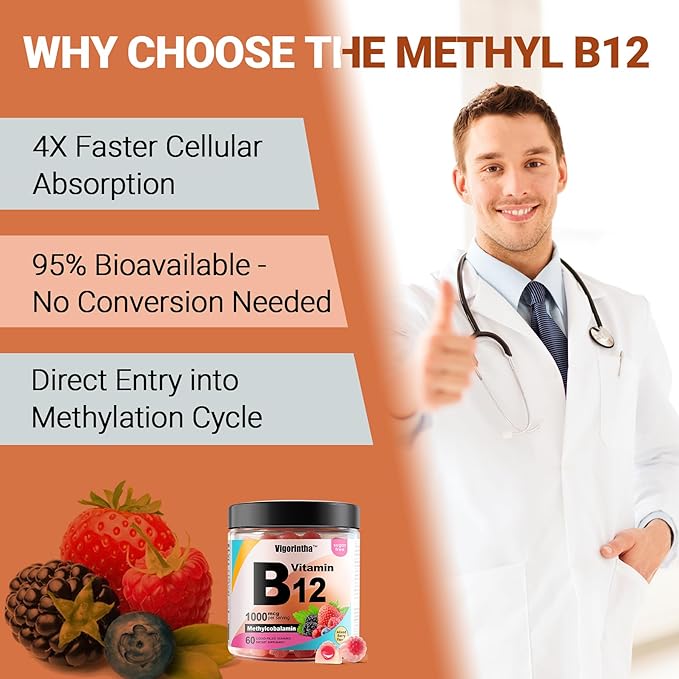 Methyl Vitamin B12 Gummies 1000mcg, Vitamin B12 Methylcobalamin Supplement for Energy & Metabolism, Sugar Free, Vegan, 60 Gummies.