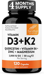 Sandhu's Vitamin D3 K2 Magnesium 2000 IU, 50mcg K2 Capsules 120 Count (Pack of 1) | with VIT B6, Zinc & Quercetin | D3K2 Supports Superior Absorption, Energy, Immune, Muscle Health for Men & Women