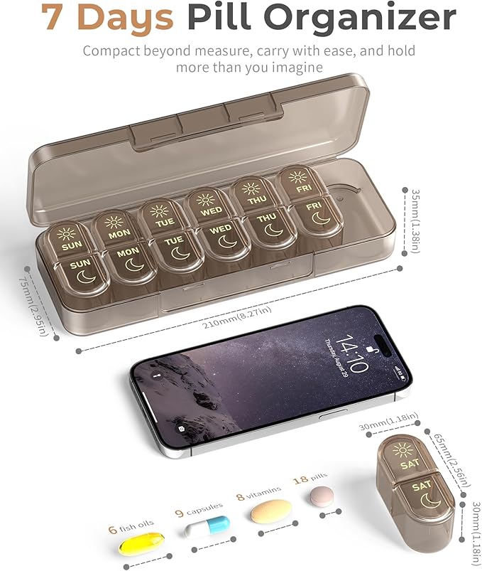 Pillex Weekly Pill Organizer 2 Times a Day, 7-Day AM PM Pill Box, Travel Pill Case, Medicine Pill Organizer for Fish Oils, Vitamins & Supplements