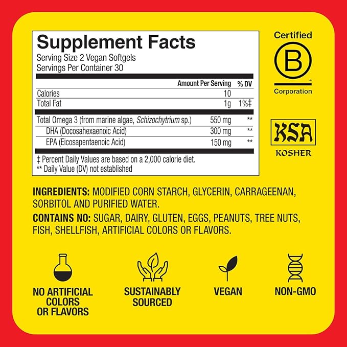 Bragg Omega-3 Supplement Capsules with DHA and EPA - 60 Vegan Softgels - Sustainably-Sourced Marine Algae - Supports Eye and Brain Health
