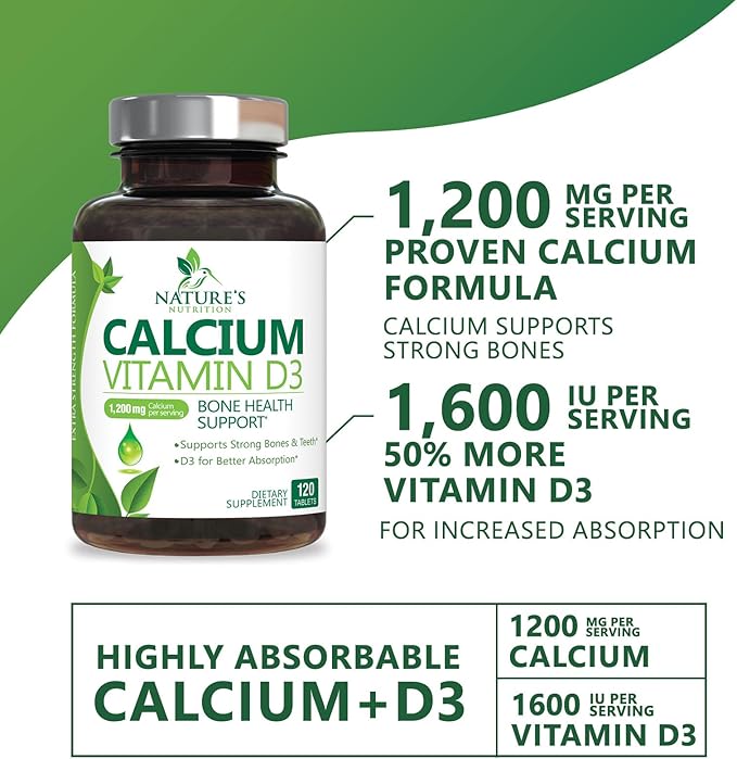 Calcium Supplement with Vitamin D3-1200 mg Calcium per Serving with D3 for Best Absorption - Supports Immune Health, Bones & Teeth - Nature's Calcium is Bottled in USA for Women & Men - 120 Tablets