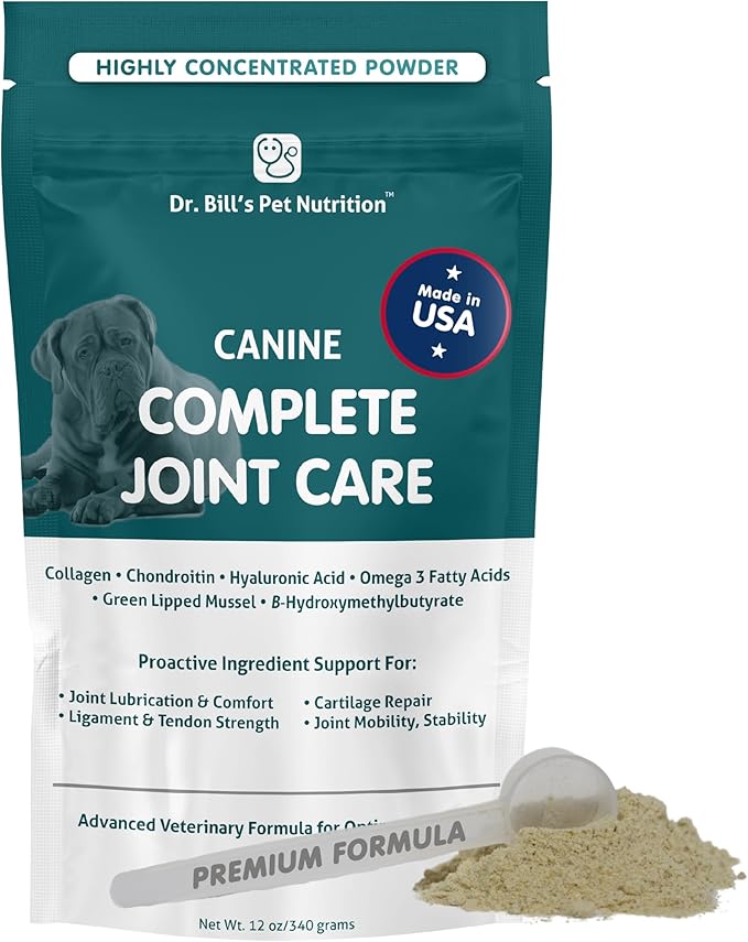 Dr. Bill’s Canine Complete Joint Care – Hip & Joint Supplement for Dogs for Mobility, Muscle Support & Inflammation Relief – Green Lipped Mussel, Chondroitin, Collagen, Omega-3 – Powder, 340g