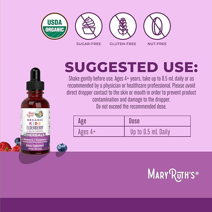 MARYRUTH'S USDA Organic Elderberry Liquid Drops for Kids | Vegan Elderberry Extract Organic Glycerin | Immune Support Supplement | Overall Health | Formulated for Ages 4-13 | 1oz