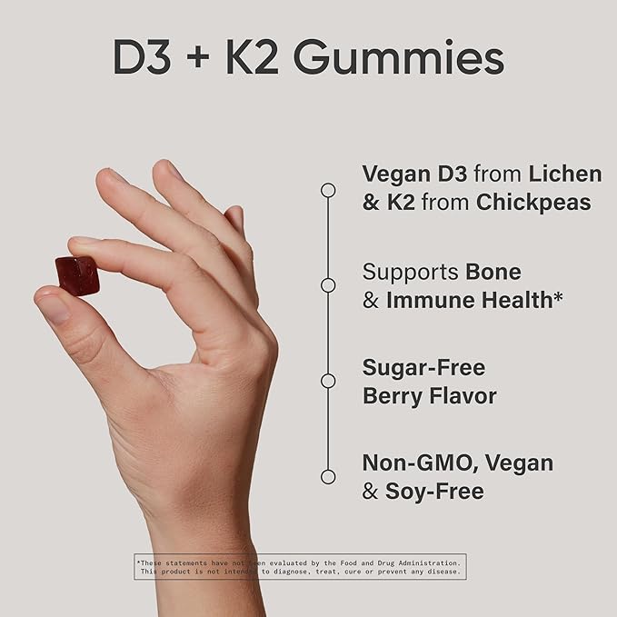 Sports Research® Vegan Vitamin D3 + K2 Sugar-Free Gummies - 125mcg (5000iu) Vitamin D w/ 100mcg Mk7 Vitamin K - Supports Bone & Immune Health* - Vegan Certified · Non-GMO · Soy Free - 60 Count