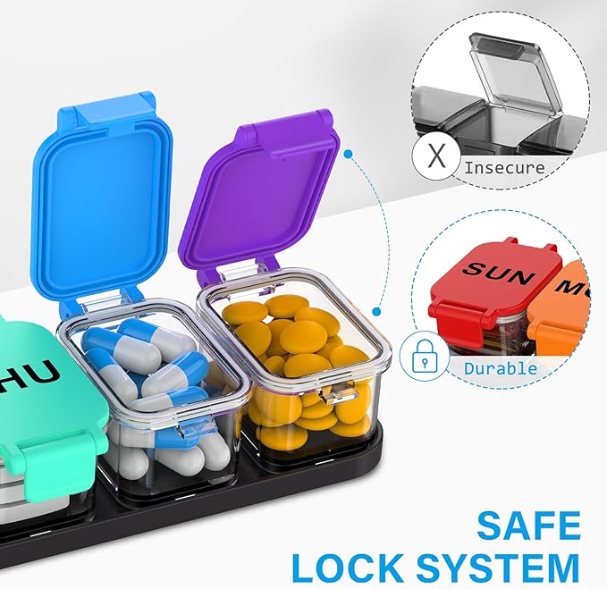 Extra Large Weekly Pill Organizer 7 Day - Portable Daily Pill Box with 7 Detachable Compartments, Vitamin Holder and Medicine Organizer for Supplements, Home and Travel, Rainbow