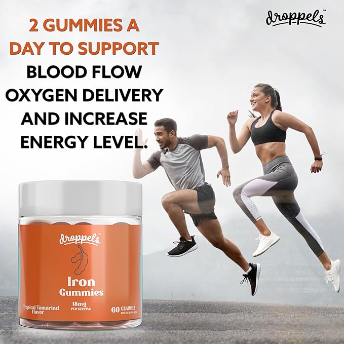 Droppels Iron Gummies 18mg for Women and Men – Vegan Plant-Based Iron Supplement | Supports Energy & Blood Health | Pectin-Based, Non-GMO, Gluten & Gelatin Free | Tamarind Flavor, 60 Count
