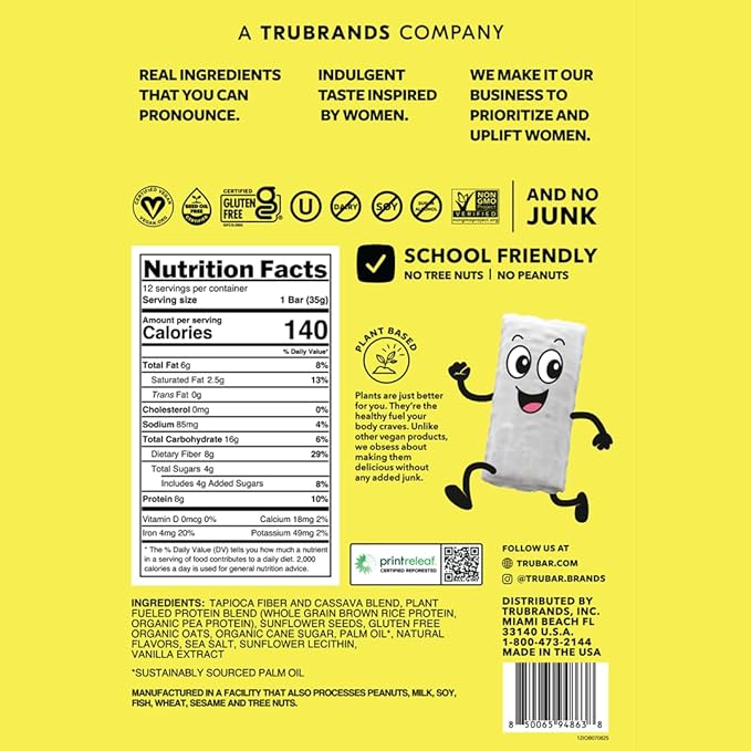 TRUBAR Kids Protein Bars, Iced Oatmeal Blast, Plant Based Protein, Gluten Free School-Friendly Snacks for Lunchboxes, Tree Nut and Peanut Free, Low Sugar, Healthy On the Go Snack Bars, 12 Count