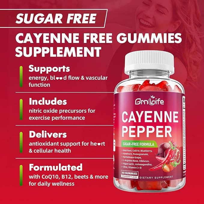 2 Pack Cayenne Pepper Beet Root Gummies, with Beetroot Garlic CoQ10 Hawthorn Berry Grape Seed Extract Olive Leaf Nattokinase Hibiscus Vitamin D Nitric Oxide, Support Overall Wellness, 120 Count
