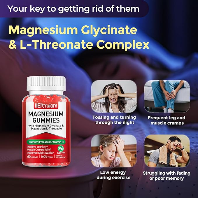 Liposomal Magnesium Complex 190mg for Kids Per Serving, Magnesium Glycinate with L-Threonate, Vitamin D3, CoQ10, L-Threonate Gummies for Rest Support, Sugar/Gluten Free, 60 Count