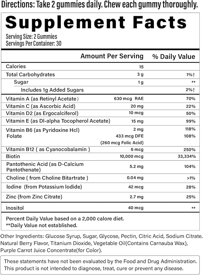 Biotin Gummies -Hair Skin and Nails Vitamins for Men & Women, Vegan Vitamin B7, Supports Hair Growth and Stronger Nails,60 Day Supply - Blueberry-2 Pack