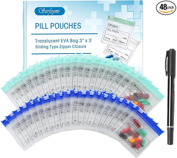 Serfeymi 48 Pcs Pill Pouch Bags for Travel Reusable Plastic Bags 3x3 Inch 12 mil (Double Sided) Translucent Zippered Pill Pouches for Medicine with Slide Lock & Writable Label, 1 Pc Marker-Green+Blue