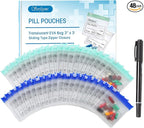 Serfeymi 48 Pcs Pill Pouch Bags for Travel Reusable Plastic Bags 3x3 Inch 12 mil (Double Sided) Translucent Zippered Pill Pouches for Medicine with Slide Lock & Writable Label, 1 Pc Marker-Green+Blue