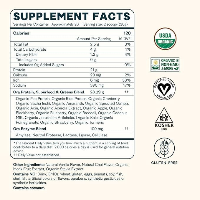 Ora Organic Vegan Protein Powder - 23g Plant-Based Protein Powder for Women and Men | Clean Protein Source, Keto Friendly, Gluten Free, Paleo, Dairy-Free, Soy-Free - Vanilla Chai - 20 Servings