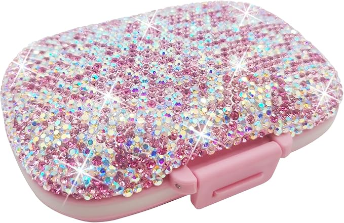 Bling Pill Case for Purse Medicine Vitamin Container Holder Pocket Pill Case Round Medicine Organizer for Travel Medicine Kit (8 Compartment Pink)