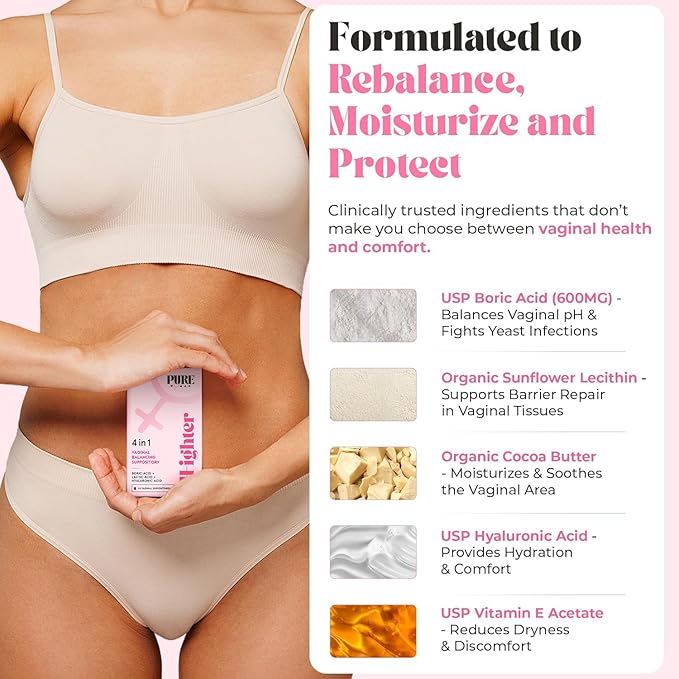 PURE WOMAN - pH-ighter Vaginal Boric Acid Suppositories for Women - Hyaluronic Acid - 4 in 1 Vaginal Suppositories for Discomfort, Dryness, Odor & pH Balance- Full Vaginal Health Care - 10ct