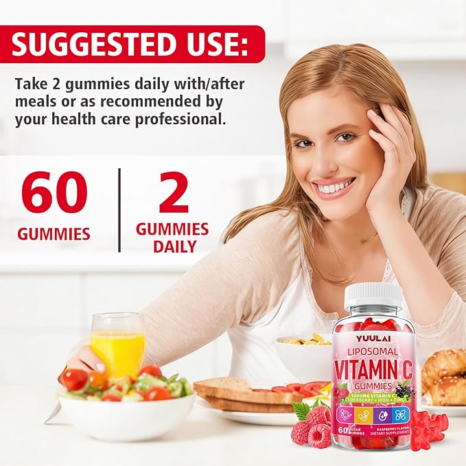 Liposomal Vitamin C 1000mg Gummies for Adults, Vitamin C Chewable with Iron, Zinc & Elderberry for Immune Support & Energy, Sugar Free, RaspberryFlavor, 60 Count