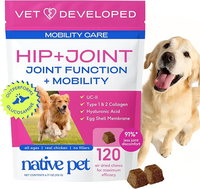 Native Pet Mobility Care - Hip & Joint Supplement for Dogs - UC-II Collagen, Egg Shell Membrane & Hyaluronic Acid - Dog Joint Supplement Chews Supports Cartilage, Mobility & Flexibility - 120 Chews