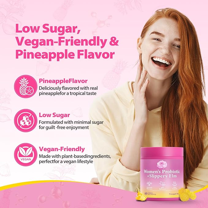 Her Juicy Feminine Probiotics Gummies with Slippery Elm Supports pH Balance Gut Health & Immune System Promote Vaginal Health for Women 40 Pineapple Gummies