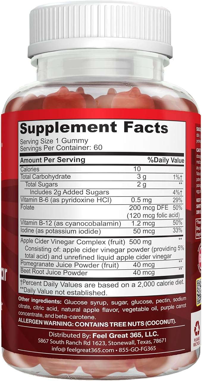 Feel Great Apple Cider Vinegar Gummies for Kids | Rich in Digestive Enzymes & Natural Antioxidants for Gut Health | Vegan Gummy Supports Healthy Nutrient Absorption | 60 Day Supply