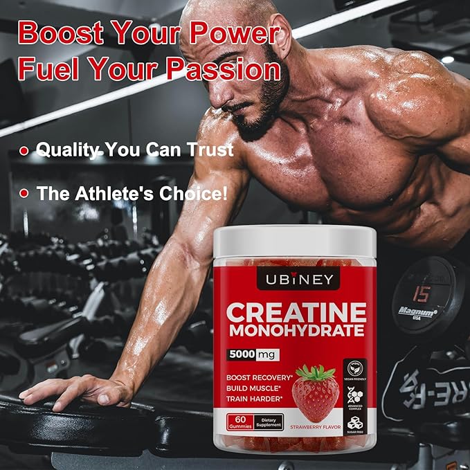 Creatine Monohydrate Gummies 5000mg – Sugar-Free, Vegan, Gluten-Free – Enhanced with Vitamin B12 & L-Taurine for Muscle Growth, Recovery & Strength – Delicious Strawberry Flavor, 60 Count