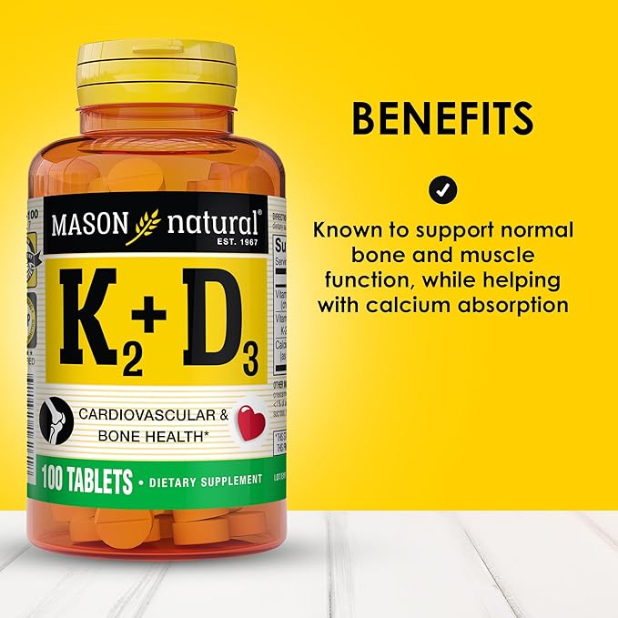 MASON NATURAL Vitamin K2 + D3, 300,Day Supply, with Calcium for Normal Bone and Muscle Support, 100 Tablets (Pack of 3)