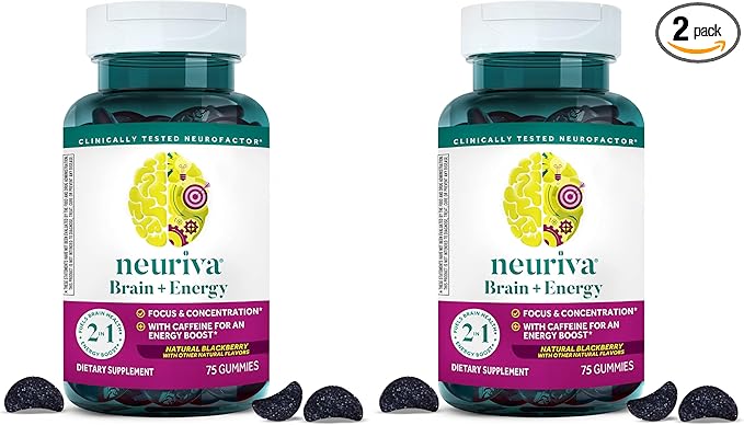 NEURIVA Brain + Energy Gummies, Nootropic Brain Supplements for Focus and Concentration with Neurofactor, Vitamin B12 & Caffeine for an Energy Boost*, 75ct Natural BlackBerry, (Pack of 2)