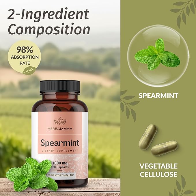 HERBAMAMA Spearmint Capsules - 1000 mg Spearmint Leaf Capsules for Digestive Support - Vegan, Non-GMO Digestive & Skin Supplement - 50-Day Supply