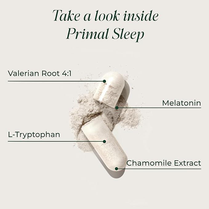 Primal Harvest Primal Sleep Support Supplement for Adults with Melatonin, GABA, Valerian Root, L-Tryptophan, Magnesium Bisglycinate Chelate, and Chamomile for Deep Restful Sleep