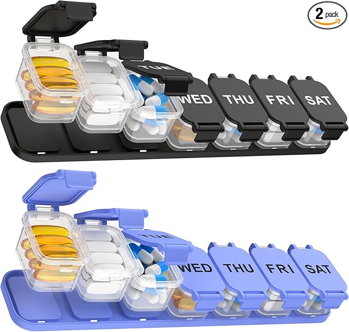 2-Pack Extra Large Weekly Pill Organizer, Travel Pill Box 7 Days, XL Vitamin Holder with 7 Detachable Compartments, Protable Medicine Organizer for Supplements