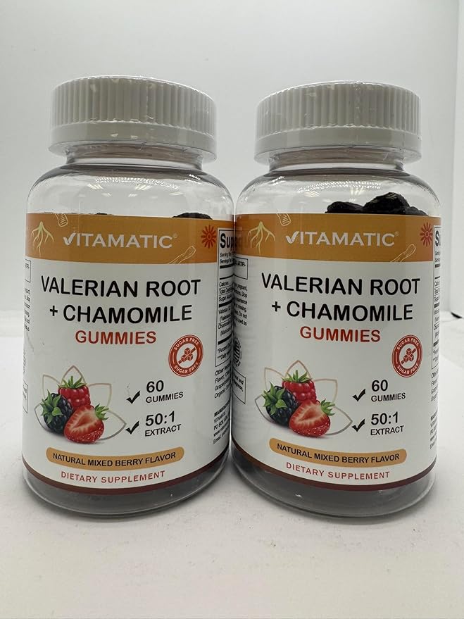 Vitamatic Valerian Root & Chamomile Gummies – Plant-Based Botanical Extract – Mixed Berry Flavor – Vegan, Non-GMO, Gluten-Free – Herbal Supplement – 60 Count (120 Count)