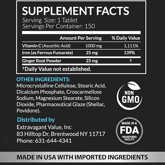 3-in-1 Immune Support Combo with Iron Supplement 25mg (Iron Pills) + 1000mg Vitamin C + Ginger Root, Gentle & Stomach Friendly for Energy & Iron Deficiency Support, Non-GMO, 150 Tablets