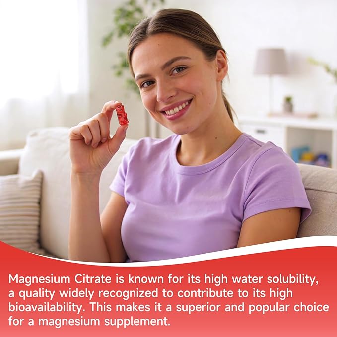 Magnesium Citrate Gummies, High Absorption Magnesium Gummies for Adults, Magnesium Supplement to Support Natural Relaxation, Vegan, Sugar-Free, Strawberry Flavor, 60 Count