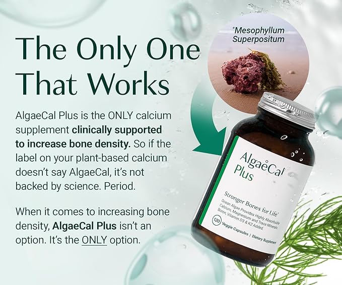 ALGAECAL Organic Red Algae Calcium Supplement for Bone Density & Strength, Vitamin K2 MK7 (100mg), Vitamin D3 (1600 IU), Magnesium (350mg) & Trace Minerals, Easy to Swallow, 120 Veggie Caps, 3 Packs