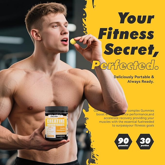 ElevateLife NSF Certified Creatine Monohydrate Gummies 5000mg for Men & Women, Chewables Creatine Monohydrate for Muscle Strength, Muscle Builder, Energy Boost, Pre-Workout Supplement-90 Pineapple